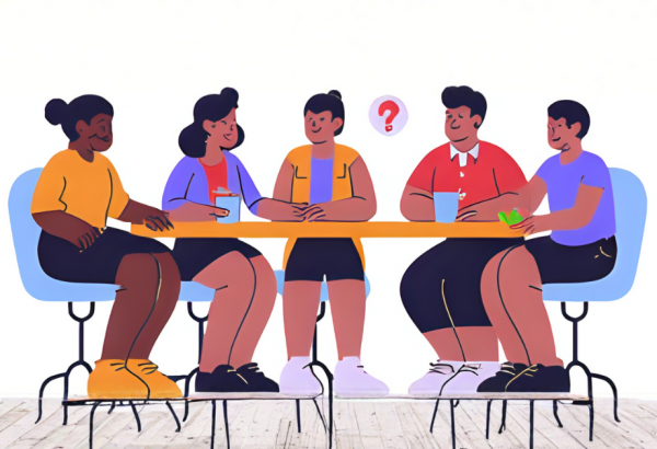 cartoon graphic of a meeting taking place at a table